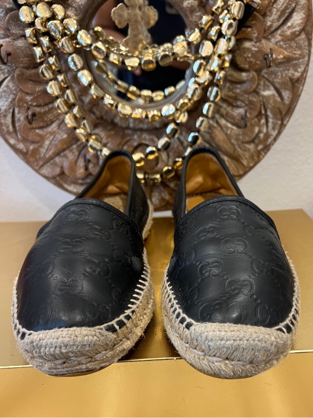 Gucci Black GG-Embossed Leather Espadrille Flats.  Size 39